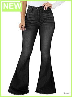 Ripped High Waist Flared Jeans Raw Hem Bell Bottom Casual Denim Pants